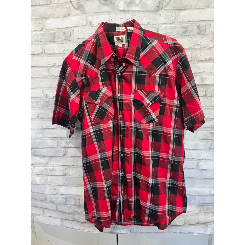 Ely Cattleman Shirt Men XL Tal1 17 1/2 Red Plaid Pearl Snap Short Sleeve Cowboy